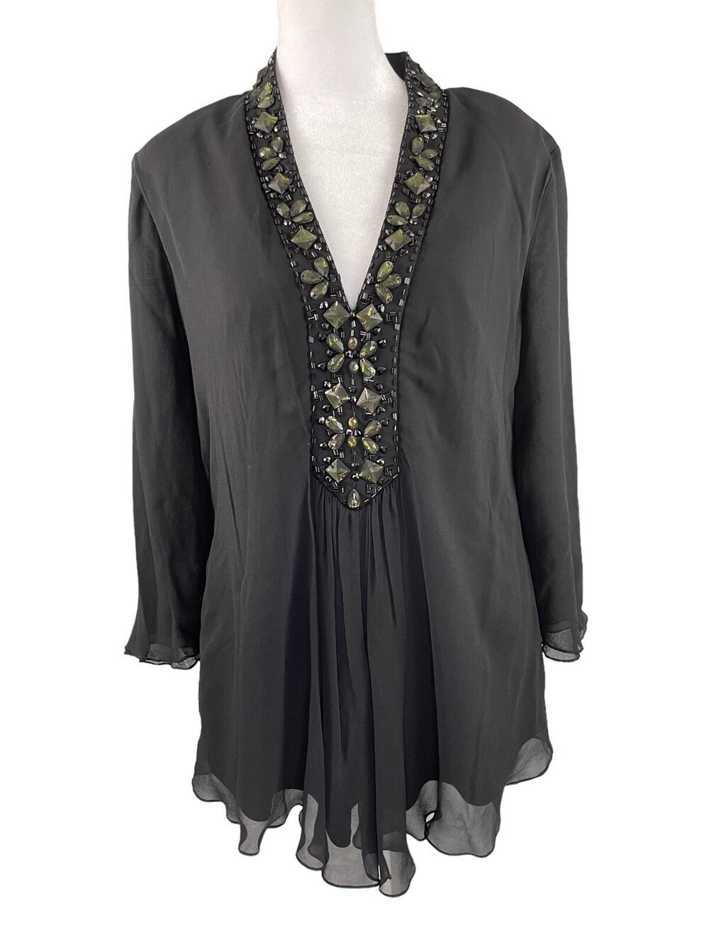 Tadashi Shoji 14 Silk Beaded Top Black V-neck Zip Back Lined Bell Sleeves Tunic